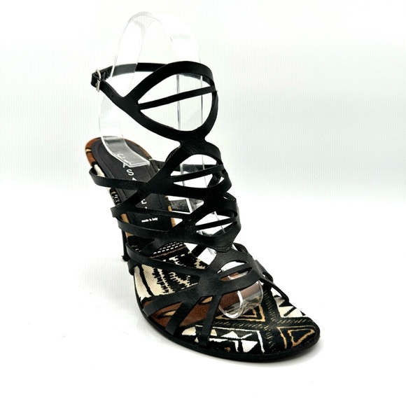 CASADEI BLACK LETTER STRAPPY SANDALS ANKLE BROWN NEUTRAL HEELS TRIBAL SANDALS 7 - Picture 10 of 15